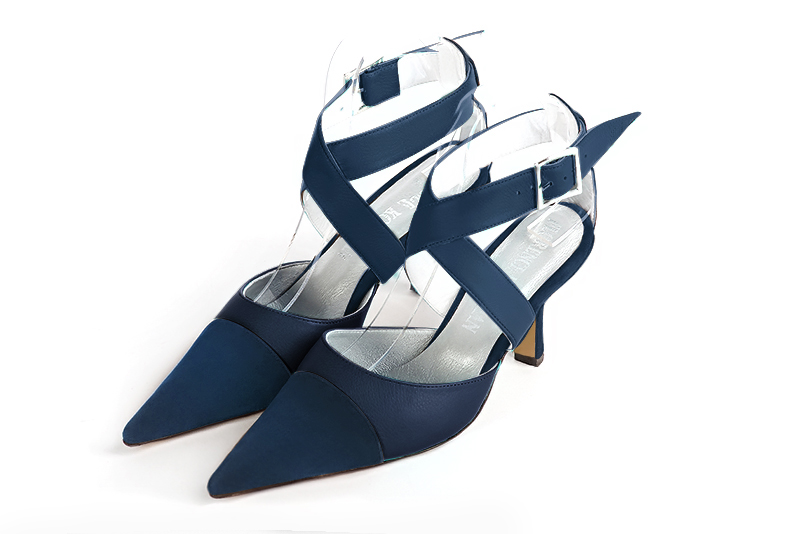 Navy blue women's open back shoes, with crossed straps. Pointed toe. High spool heels. Front view - Florence KOOIJMAN